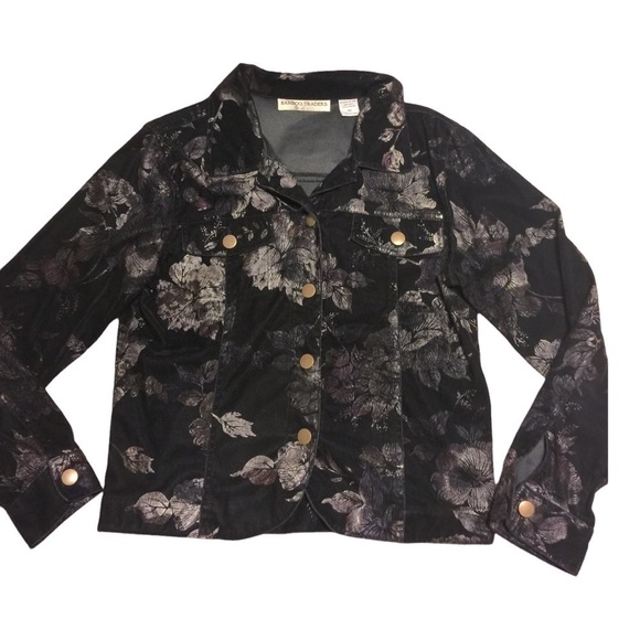 Petite black Velvet Metallic floral Print Jacket metal buttons lined whimsigoth - Picture 1 of 7